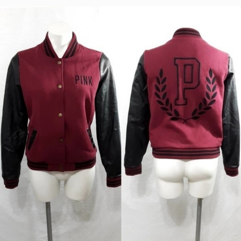 PINK Victorias Secret Maroon Varsity Bomber Jacket Small Faux Leather Streetwear